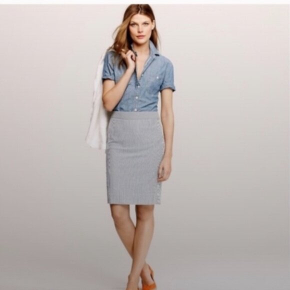 J. Crew Dresses & Skirts - J. Crew Gray/Dark Blue/White Knee-Length Seersucker No. 2 Pencil Skirt Size 10